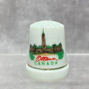 Ottawa Canada Souvenir Thimble  Parliament Design White Porcelain & Gold Trim